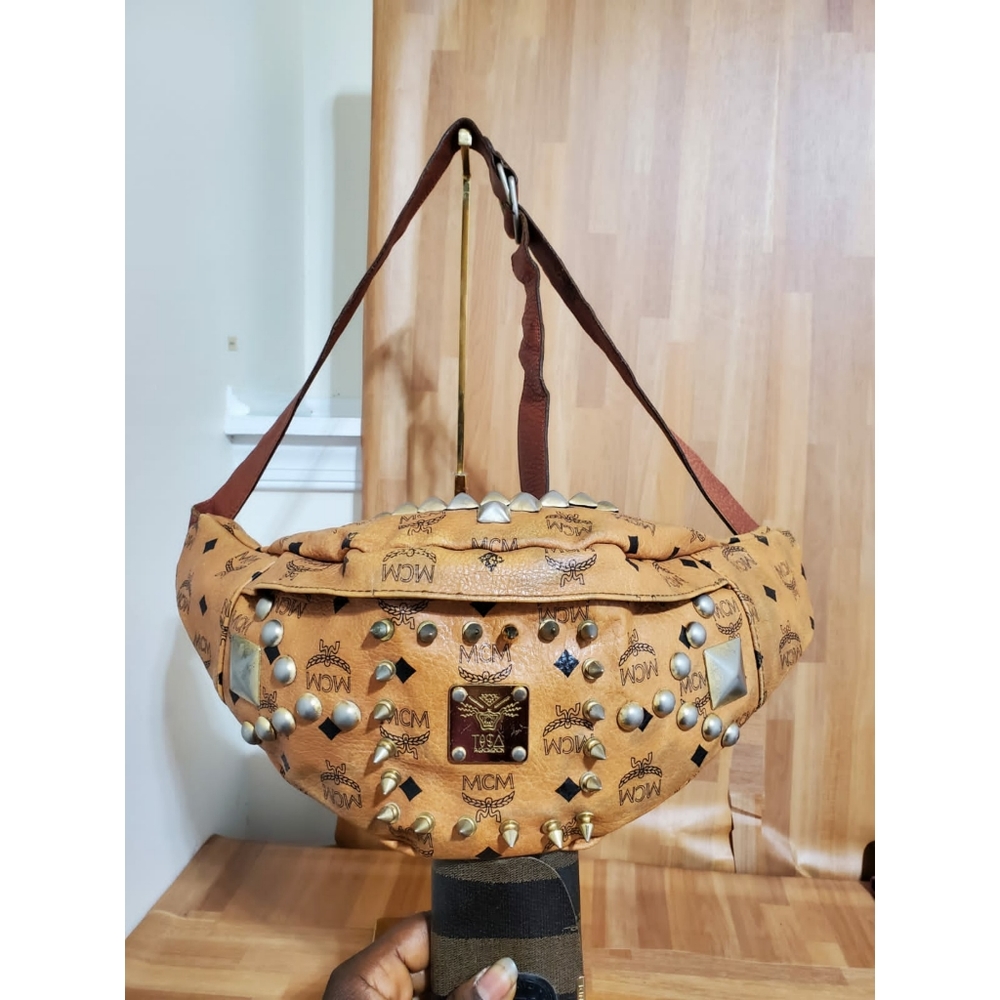 MCM Cognac Studded Visetos Belt Bag Fanny Pack Waist